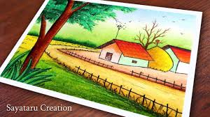 How To Draw Village Scenery With Oil Pastel Village House Drawing For Oil Pastel Drawings House Drawing