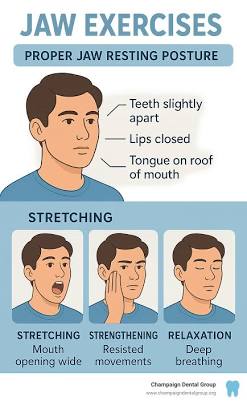 Jaw resting posture and gentle TMJ relaxation drills, AI generated