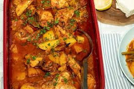 Kotopoulo Kokinisto One Pan Roasted Chicken Potatoes In A Tomato Sauce Recipe Chicken Potatoes Greek Chicken And Potatoes Greek Cooking