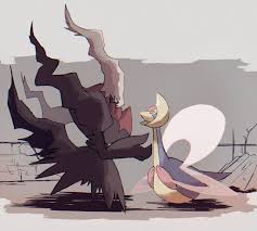 ashita mo, cresselia, darkrai, creatures (company), game freak, nintendo,  pokemon, highres, black skin, colored skin, crescent, floating, gen 4  pokemon, grey background, legendary pokemon, looking at another, mythical  pokemon, pokemon (creature), purple