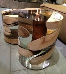 Natural Wood And Acrylic Occasional Table Round By Bleu Nature Resin Furniture Wood Table Design Wood Resin Table