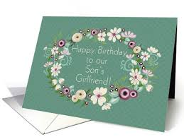 Happy Birthday Wishes To My Son S Girlfriend Happy Birthday To Our Son S Girlfriend Floral Wreath Pink Blossoms Card Happy Birthday To Us Happy Birthday Birthday Cards