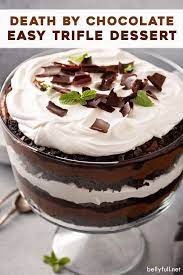 This Death By Chocolate Trifle Recipe Is Rich Decadent And Crazy Delicious Layers Of Chocolate Trifle Recipe Chocolate Trifle Desserts Trifle Desserts Easy