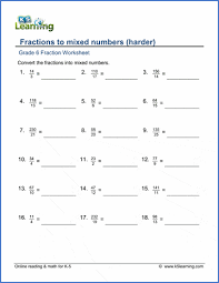 Equivalent fractions with pie charts. Grade 6 Math Worksheets Convert Fractions To Mixed Numbers Harder K5 Learning