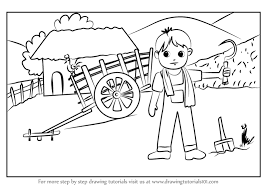 Learn How To Draw A Farmer Village Scene Villages Step By Step Drawing Tutorials Kitty Drawing Village Scene Drawing Drawings