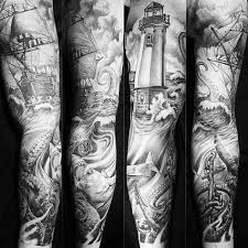Black And White Ocean Sleeve Tattoo Designs Masculine Nautical Sleeve Male Tattoos Sleevetattoos Tattoo Sleeve Men Ocean Sleeve Tattoos Nautical Sleeve