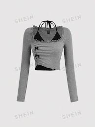 Shein Women's Grey 2 in 1 T-Shirt, Bow Knot Top, Knitted Autumn Top,Black Top,Fall Tops,Long Sleeve Top,Back to School Clothes,S