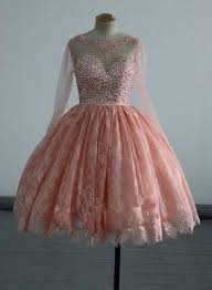 Pink Long Sleeves Homecoming Dresses Lace And Beaded Party Dress Short Formal Dress Short Puffy Prom Dresses Homecoming Dresses Long Puffy Prom Dresses