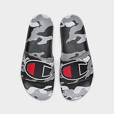Men S Champion Ipo Camo Slide Sandals Finish Line The allover camo print and eva foam midsole are sure to keep you stylish and comfortable all day.