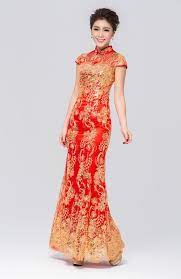 Traditional Gold Red Qipao Flower Chinese Chi Pao Wedding Dress Stand Up Collar Red Cheongsam Gown Long Red Evening Dress Red Evening Dress Traditional Dresses