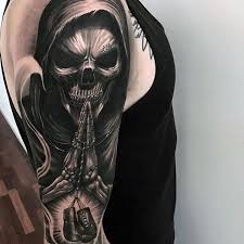 Praying skeleton tattoo the banner will say (poena est solus verum) which is pain is the only truth in latin but let me know what you think so far and i have to give props to tim at redbeards living c 70 Incredible Tattoos For Men Masculine Design Ideas