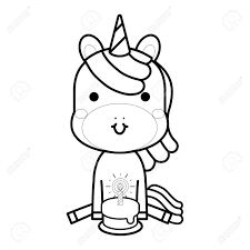 Unicorn cake coloring book for adult. Cute Magical Unicorn With Birthday Cake Greeting Card Black Royalty Free Cliparts Vectors And Stock Illustration Image 137742641