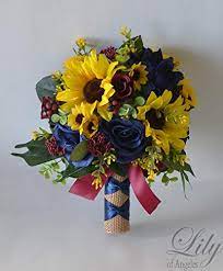 Wedding bouquets with sunflowers and blue flowers. Amazon Com Wedding Bouquet Bridal Bouquet Bridesmaid Bouquet Silk Flower Bouquet Wedding Flower Yellow Sunflower Mini Sunflower Periwinkle Burgundy Maroon Navy Burlap Rustic Lily Of Angeles Handmade Products
