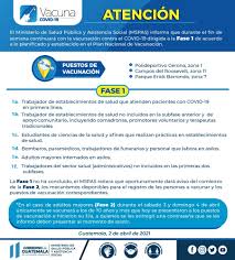 La fase 2 (etapas 2a y 2b), donde están los mayores. Ministerio De Salud Publica Y Asistencia Social Comunicado El Mspas Informa Que Durante El Fin De Semana Continuara Con La Vacunacion Contra El Covid19 Dirigida A La Fase 1 De