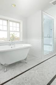 5 out of 5 stars. Long Bathroom With Carrera Marble Hexagon Tiles And Gray Border Tiles Transitional Bathroom