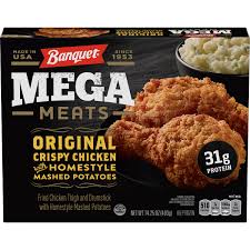 While the crunch doesn't quite rival kfc, banquet's original crispy fried chicken is a close second. Banquet Mega Meats Frozen Meal Original Crispy Chicken With Homestyle Mashed Potatoes 14 25 Ounce Walmart Com Walmart Com