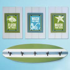 Kid S Beach Bathroom Print Set And Surfboard Towel Rack Project Cottage Kids Beach Bathroom Beach Theme Bathroom Beach Bathrooms