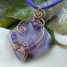 Banded Amethyst Diamonte Shaped Pendant Wrapped In Antiqued Copper Wire Pendant Amethyst Beaded Pendant