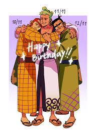 kimpimpam, johnny (one piece), roronoa zoro, yosaku (one piece), one piece,  absurdres, highres, 3boys, bald, black hair, closed eyes, crying, earrings,  english text, full body, green hair, happy birthday, hug, japanese clothes,  jewelry, multiple boys, sandals ...
