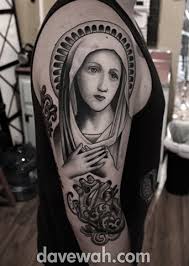 Virgin mary with roses arm tattoo by noah. Dave Wah Tattoo Artist Baltimore Maryland