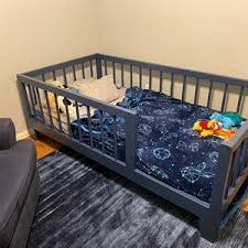 Hardwood Montessori Floor Bed With 4 Railings Made In Ohio Usa In 2020 Toddler House Bed Diy Toddler Bed Toddler Twin Bed