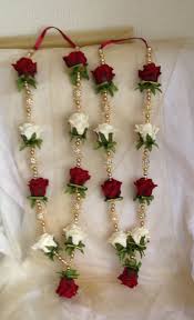 Artificial Flowers Garland Made With Foam Roses Pearl Gold Beads And Diamond Balls Conta Flower Garland Wedding Fresh Wedding Flowers Indian Wedding Flowers