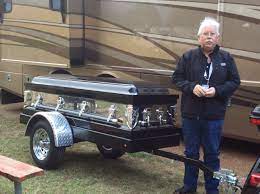 Casket Trailer Behind Motorcycle Owned By Funeral Director In Ok Www Knoxretrocampers Com Small Camping Trailer Motorcycle Camping Motorcycle Travel