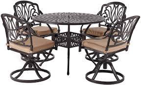 Gather around a patio table. Amazon Com Laurel Canyon Outdoor Dining Set 5 Piece Cast Aluminum Furniture 4 Patio Swivel Chairs 42 Round Table With Cushions For Yard Garden Deck Dark Brown Garden Outdoor