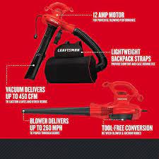 Craftsman 12 Amp 450 Cfm 260 Mph Corded Electric Leaf Blower Vacuum Kit Included Lowes Com Electric Leaf Blowers Vacuum Blowers