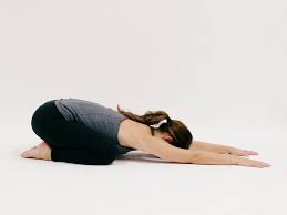 Child S Pose Kneel Then Take Your Knees Wide And Big Toes To Touch Walk Your Hands Forward Until Your Fore Morning Yoga Routine Yoga Routine Morning Yoga