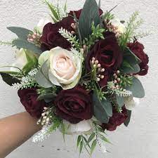 A Wedding Bouquet Of Artificial Pink And Burgundy Roses Burgundy Wedding Flowers Flower Bouquet Wedding Bridesmaid Flowers