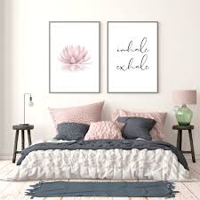Set Of 2 Pink Lotus Flower Inhale Exhale Sign Womens Bedroom Calligraphy Printable Above Bed Decor Zen Wall Art Lotus Flower Poster In 2020 Above Bed Decor Bedroom Decor For Couples Bed Decor