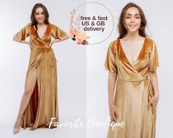 Marigold Velvet Bridesmaid Dress Sleeveless V-neck Wrap Gown, Custom Plus  Size Wedding & Formal Dress