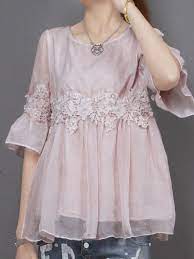 トップス 夏新作エレガント半袖ラウンドネック切り替えしレースビーズ飾りチュニック model pakaian wanita pakaian wanita model baju wanita