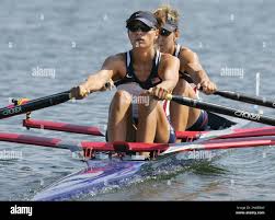 Stacey Borgman, left, and Lisa Schlenker of the USA head toward the second  place in their Lightweight Women's Double Sculls repechage heat at the 2004  Olympics Games at the Schinias Rowing &