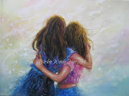Big Sister Hug Art Print Two Sisters Wall Art Best Friends Hugging Brunette Girls Paintings Vickie Wade Art Sisters Art Sisters Wall Art Painting Of Girl