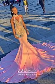 Beaded Halter V Neck Pink Long Train Prom Dress In 2020 Prom Girl Dresses Black Girl Prom Dresses Senior Prom Dresses