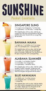 Sherbet, toasted coconut, malibu rum, orange juice. Sunshine Pocket Cocktails Singapore Sling 1 Oz Gin 2 Oz Orange Juice 1 Oz Lime Juice Oz Grenadine 1 Oz Club Soda 1 Orange Flag Fill A Highball Glass With Ice
