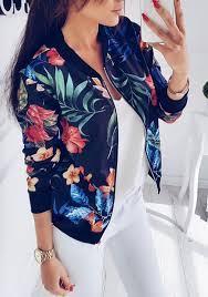 Manteau Imprime A Fleurie Col Rond Manches Longues Mode Femme Bomber Noir Manteaux Hauts