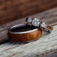 Whiskey Barrel Wood Wedding Ring Set With Three Stone Etsy Wood Engagement Ring Wood Wedding Rings Set Wood Wedding Ring