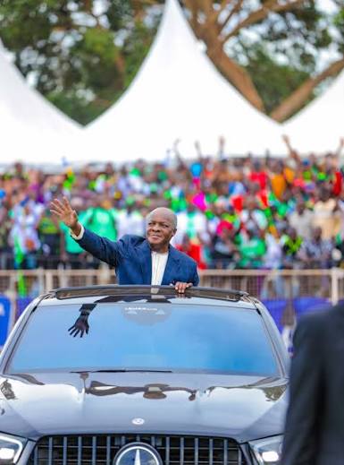 Ssaabasajja Kabaka Ronald Muwenda Mutebi II waves to the cheering crowds at  Muteesa II Stadium, Wankulukuku, during the #AirtelMasazaCup final.