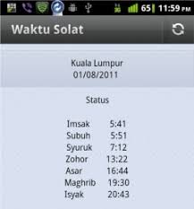 Jadwal shalat di kuala lumpur, kuala lumpur malaysia hari ini adalah waktu subuh 05:38 am, waktu dzuhur 12:57 pm, waktu ashar 04:18 pm, waktu magrib 06:58 pm & waktu isya 08:08 pm. Aplikasi Waktu Solat Untuk Android Kini Sedia Diuji Amanz