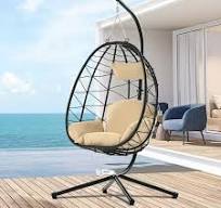Egg Chair, SYNGAR Swing Chair with Stand, Outdoor PE Wicker Hanging Chair with Cushion, Heavy Duty Lounge Basket Chair, 300 lbs Capacity, Relaxing ...