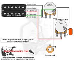 Guitar wiring diagram with one humbucker, one volume and one tone and a push pull switch on the volume control that taps the humbucker for south single coil. 1 Humbucker 1 Volume 1 Tone South Coil Treble Cut