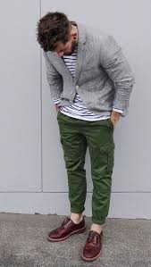 Green Pants Jeans With Reddish Brown Shoes Notice The Lack Of Socks To Break The Jarring Contrast Green Cargo Pants Pants Outfit Men Mens Outfits