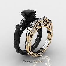 Black And White Gold Wedding Band Caravaggio 14k Black And Yellow Gold 1 25 Ct Princess Black And White Diamond Engagement Ring Wedding Band Set R623ps3 14kbygdbd Black Diamond Ring Engagement Black Gold Ring Engagement Rings Wedding Bands Set