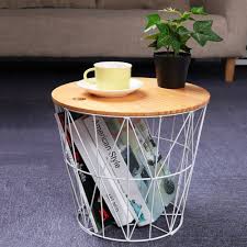 White Metal Wire Basket Wooden Top Side Table Storage Loft Living Home Furniture White Trumpet With Cover Storage Baskets Wooden Storage Bins Bookshelf Decor