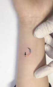 Cat On Colorful Crescent Moon Wrist Tattoo Small Girl Tattoos Tattoos Mini Tattoos