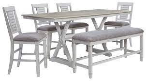 Counter height high chairs do not need to be used solely for mealtime. Millennium Teganville 490275508 6 Piece Rectangular Counter Height Extension Table 4 Upholstered Barstools And Upholstered Bench Set Sam Levitz Furniture Table Chair Set With Bench