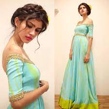 Geethikakanumilli Official On Instagram Look 8 Lime And Limpet Shell Mint Tie And Dye Embroidered Off Shoulders Dress Hairstyles Off Shoulder Gown Gowns
